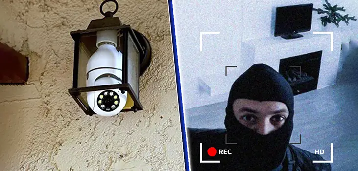 collage of installed secure view and a close up of an intruder inside a house