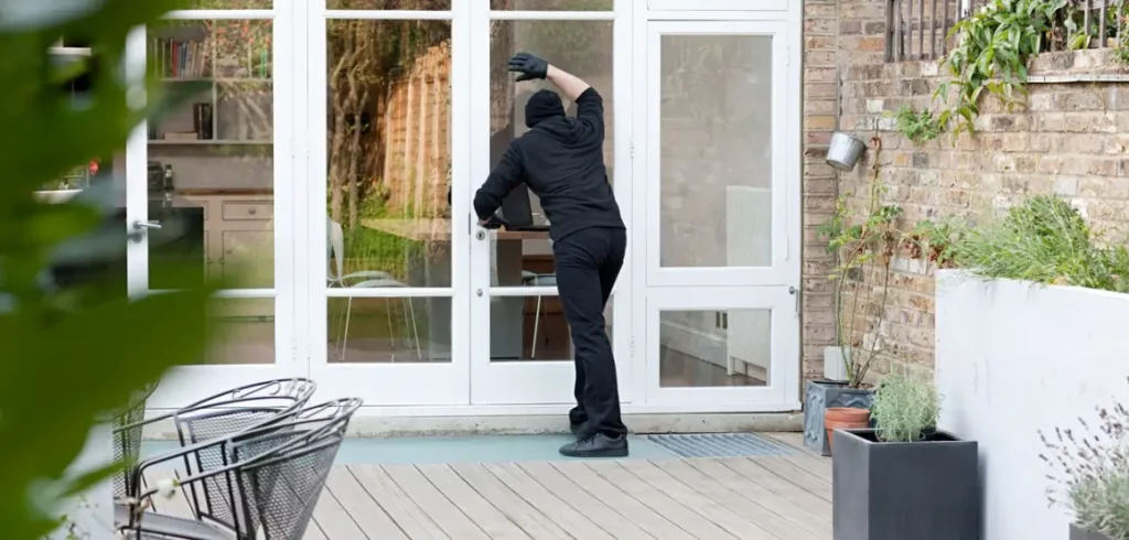 burglar trying to invade a house from the patio door